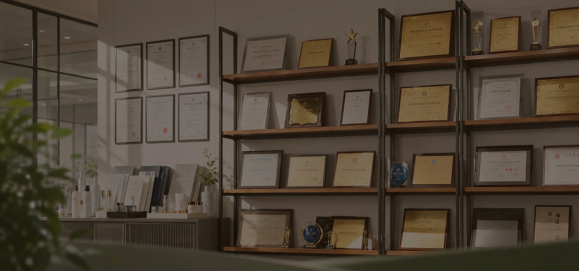 Poleview personal care OEM/ODM manufacturing certifications and industry awards on display